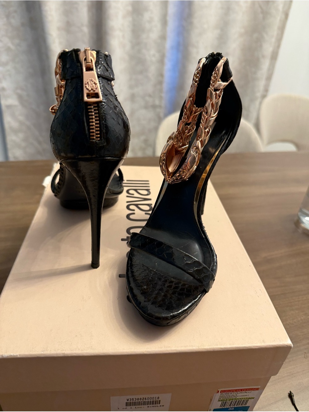 Roberto Cavalli Black High Heel Sandals with Gold Chain Detail